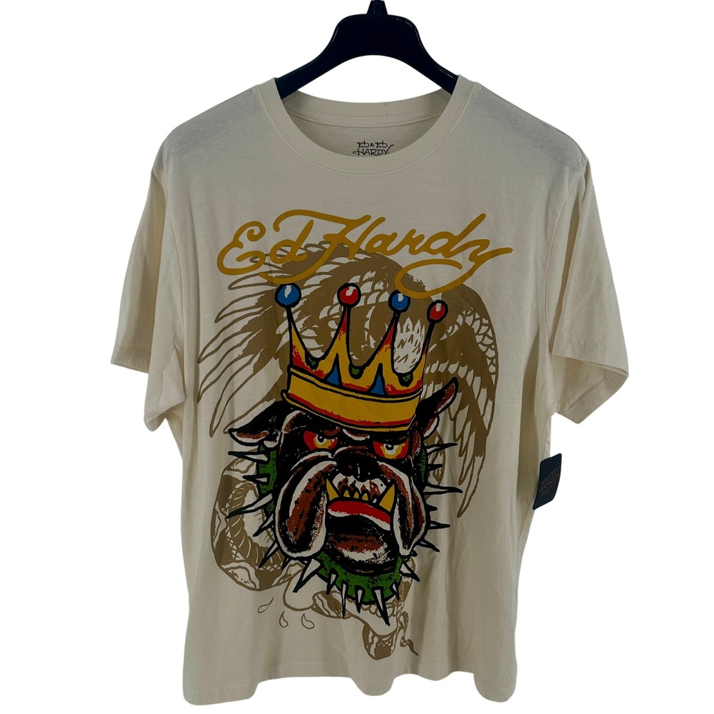 Ed Hardy Bulldog Crown T-Shirt Mens‎ 2XL Ivory Graphic Tee Regular Fit NWT New